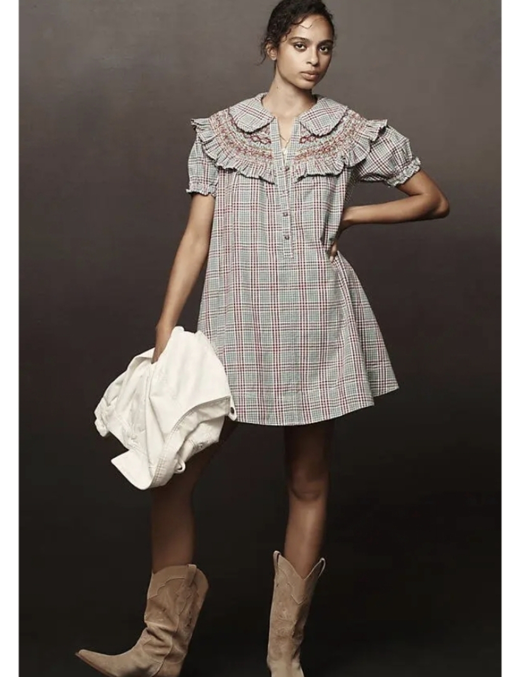 PILCRO ANTHROPOLOGIE v Neck Puff Sleeve Cottagecore Dress Boho Babydoll Plaid Y2 - Picture 2 of 16